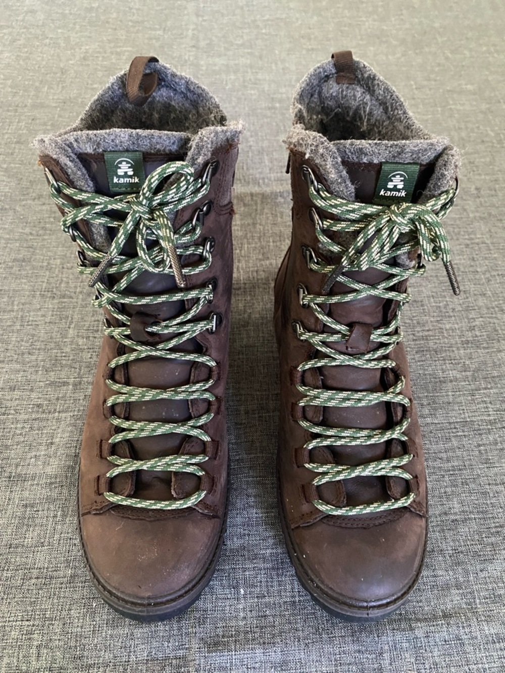 Kamik Brown Leather Women's Winter Lace-Up Boots with Green/White Laces